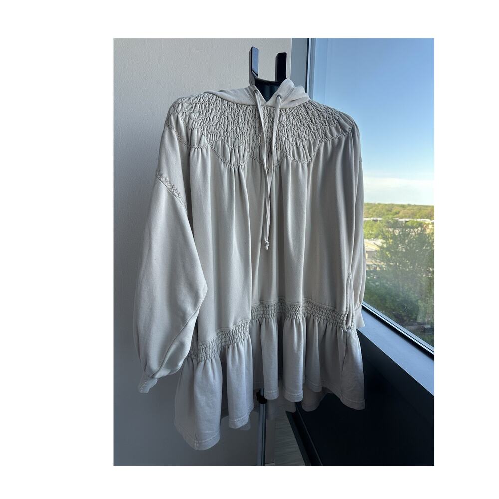 Free People Women's M Ivory Pullover Hoodie 100% Cotton Smocked Long Sleeve